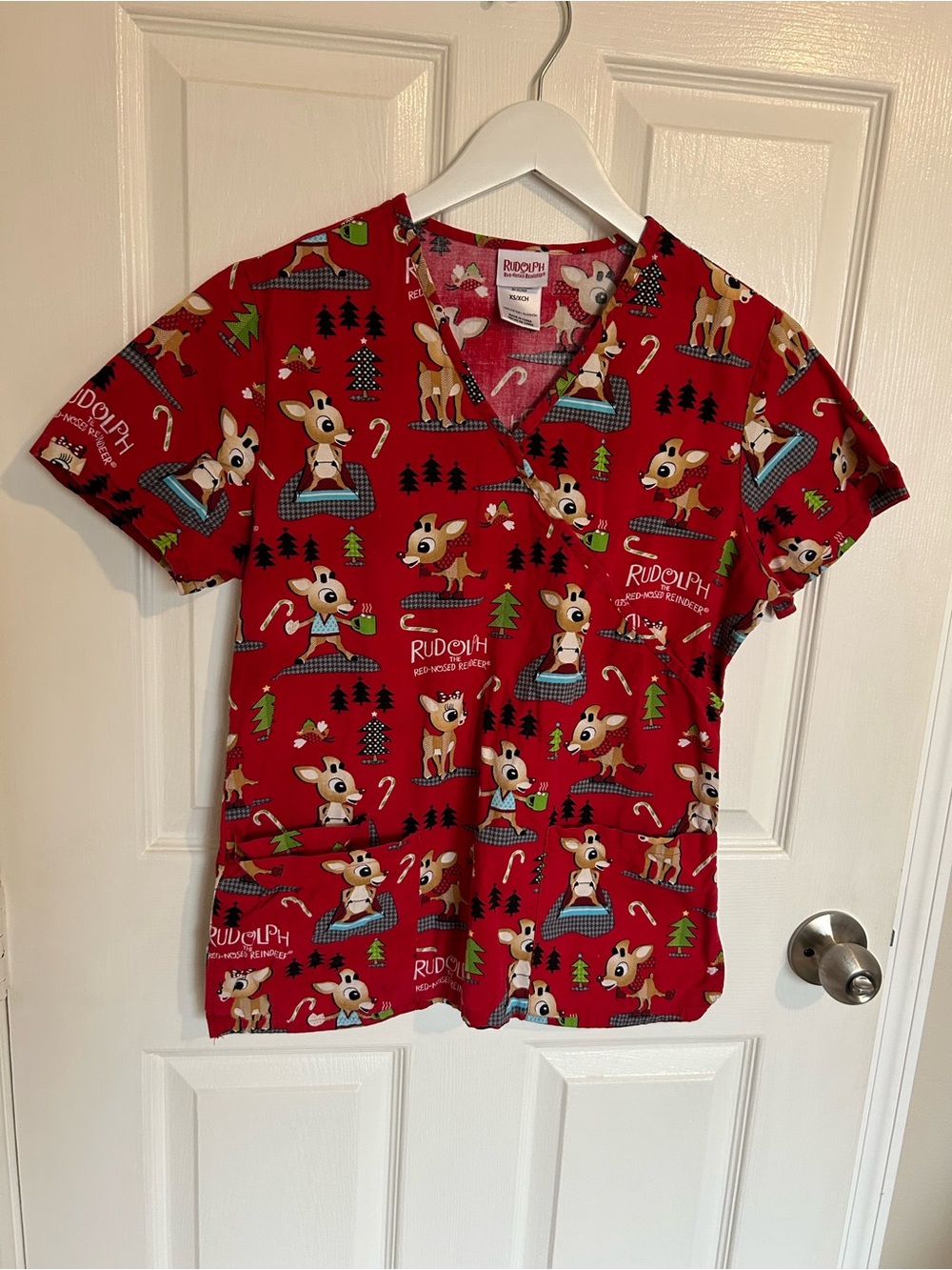 Rudolph Red Short Sleeve Women’s Scrub Top